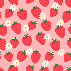 Cute strawberry pattern, cartoon flat vector illustration on pink background. Colorful seamless pattern with berries and flowers. Spring and summer background.