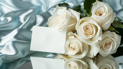 A bouquet of big and beautiful white roses with an empty white card for writing placed in front of the flowers on shining light-blue silk fabric. Generated by artificial intelligence. - Powered by Adobe