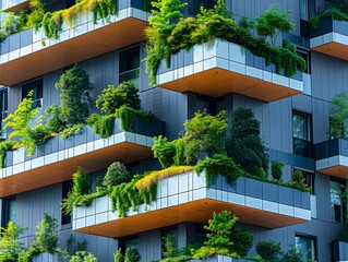 Modern green building with vertical gardens on balconies, sustainable architecture concept