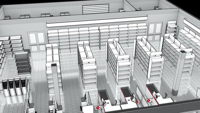 Rotating retail floor plan mockup with empty shelves. 3d animation