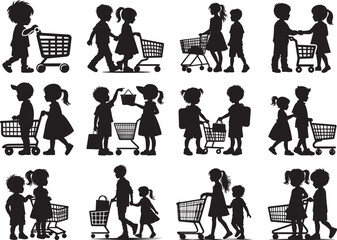 Children in holding a shopping cart Silhouette Vector Illustration set