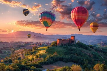 Sunset Adventure - Hot Air Balloons Over Scenic Landscape