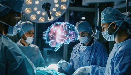 Innovative Neurosurgery: A team of surgeons performs complex brain surgery illuminated by advanced medical imaging technology - obrazy, fototapety, plakaty