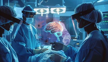 Innovative Neurosurgery: A team of surgeons performs complex brain surgery illuminated by advanced medical imaging technology