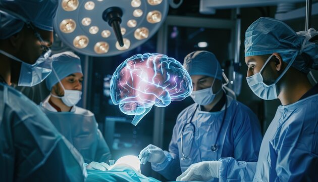 Innovative Neurosurgery: A team of surgeons performs complex brain surgery illuminated by advanced medical imaging technology