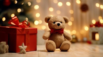 Brown Teddy Bear with Gift Box and Christmas Decorations
