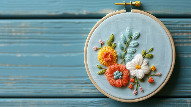 Embroidered flowers on hoop, handcrafted textile art, vibrant thread colors