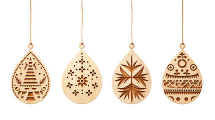 collection of six wooden Christmas decorations on a isolated white background