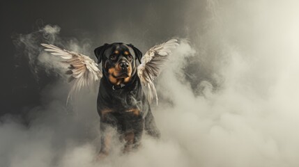 An artistic depiction of a Rottweiler with angelic wings amidst swirling clouds, blending fantasy with realism