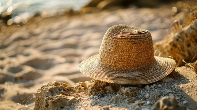 Beach Holiday Concept: Straw hat on the beach.