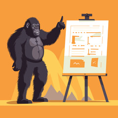 Monkey gorilla giving presentation or lecture on a flipchart. Gorilla showing flipchart Vector illustration