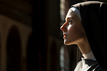 Generative AI picture of monastery sister nun praying have faith believe in God happiness - obrazy, fototapety, plakaty