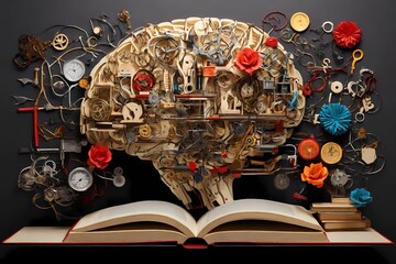 "Dynamic collage depicting education success. Brain, gears, book symbolize innovation, knowledge. Inspire online learning, growth. 