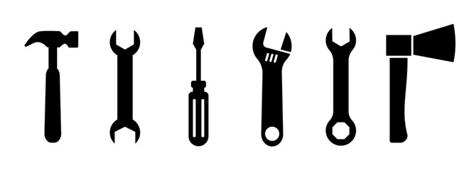 Tools vector icons collection. Instrument signs collection.  Construction silhouette icons.