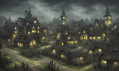 haunted village in an animated dark background
