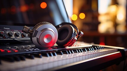 Headphones on electric piano keyboard background. Music instruments concept.