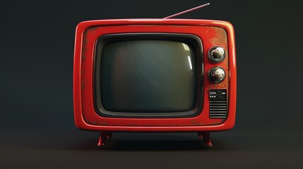 3d Illustration of retro and vintage red TV on dark background.
