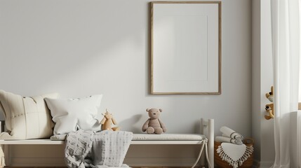 The trendy interier nursery kids room with a blank frame on the wall. Generated by artificial intelligence.