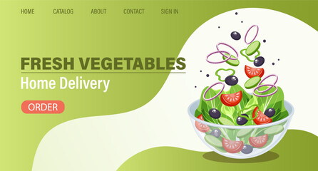 Web page design template for fresh vegetables, natural products, organic food, online food delivery, recipes. Illustration, landing page, poster, banner.