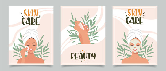 Fototapeta na wymiar Set of flyers with woman, cosmetics, beauty products. Beauty, skin care, cosmetics, shower concept. Illustration for banner, card, advertising, poster. Vector