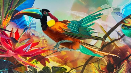Fototapeta premium A digital illustration of a toucan with vivid orange feathers, set against a dynamic and colorful tropical background, showcasing an exotic and artistic take on wildlife