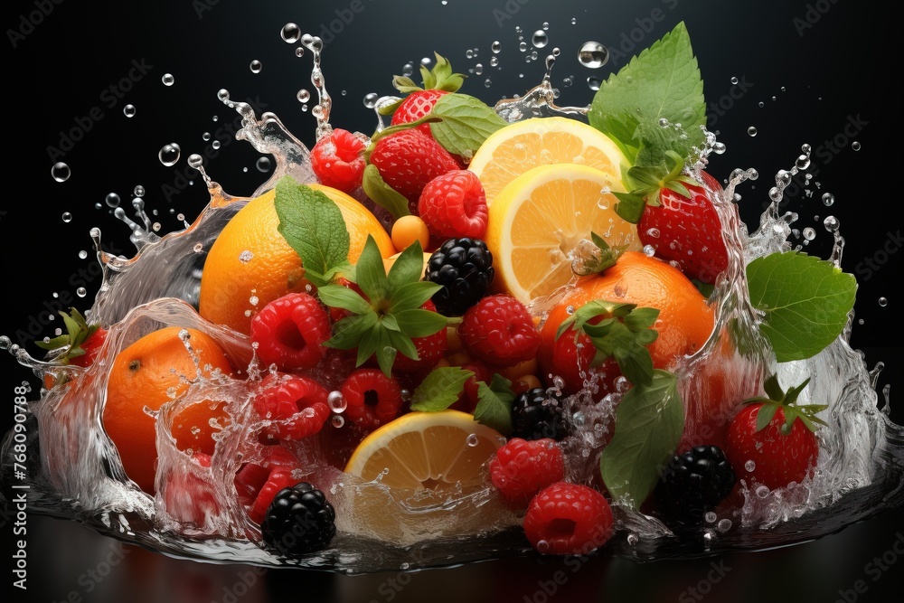 Wall mural fresh fruits in water splash on black background. healthy food concept.