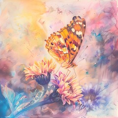 Butterfly on Vibrant Floral Composition in Serene Nature Landscape