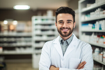 Fototapeta na wymiar Smiling cheerful confident pharmacist in drugstore store shop Generative AI