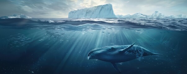 humpback whale captured swimming in the crystal-clear icy waters surrounded by massive icebergs under a blue sky.