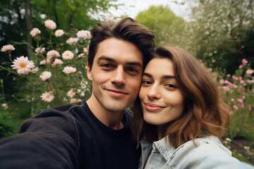 Obraz premium Happy people enjoying beautiful spring day park trees blossom city view Generative AI illustration