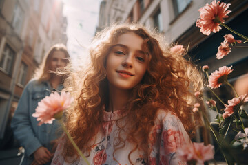 Happy people enjoying beautiful spring day park trees blossom city view Generative AI illustration