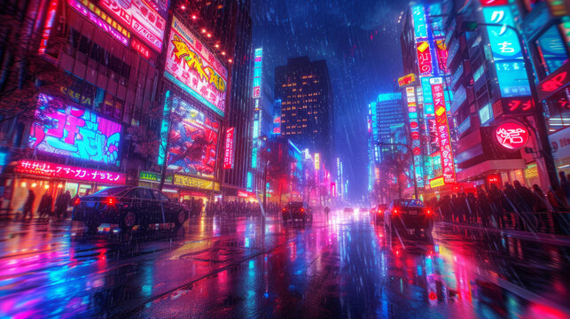 Vibrant digital illustration of a bustling city street at night under neon lights and rain