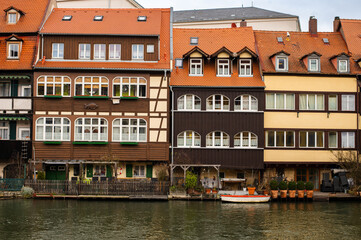 View of the small Venice and the river Regnitz. Historical old town of Bamberg, Upper Franconia, Bavaria, Germany. Facades of the old buildings in Bamberg.
