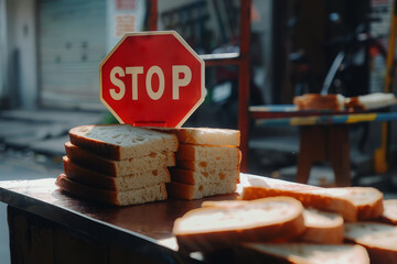 Conceptual image of a stop sign towering over slices of bread