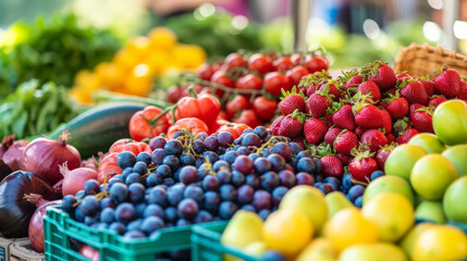 Colorful display of fresh fruits at a vibrant farmer's market stand