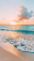Panoramic ocean sunset, vibrant sky, foam waves on beautiful beach with natural island background