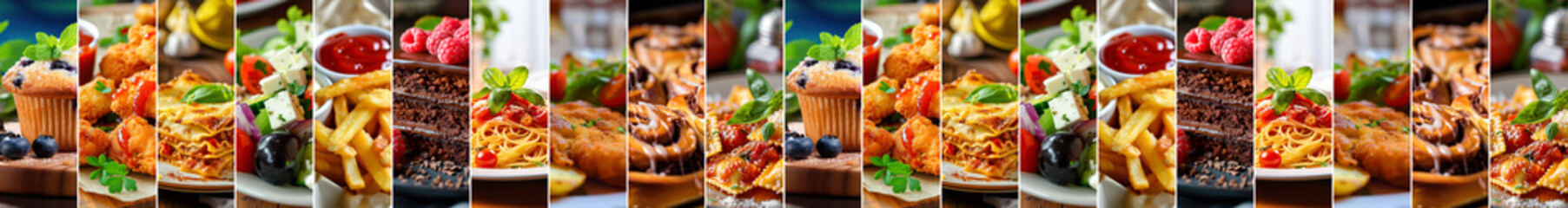 Food background collection meals collage banner with salad lasagne spaghetti french fries muffin and cake