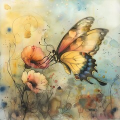 Enchanting Butterfly Amidst Ethereal Floral Dreamscape:A Captivating Interpretation of Nature's Beauty and Imagination