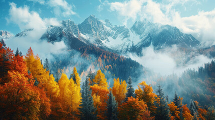 Vibrant autumn colors in the forest with majestic snow-capped mountains in the background