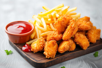 Chicken nuggets and french fries fast food meal eating snack with ketchup on a wooden board