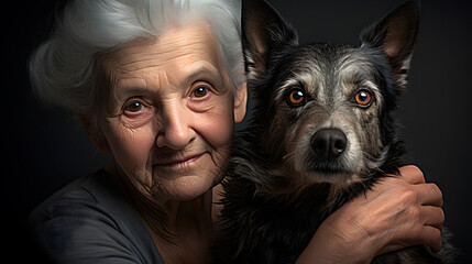 a woman with her pet, old lady with a dog