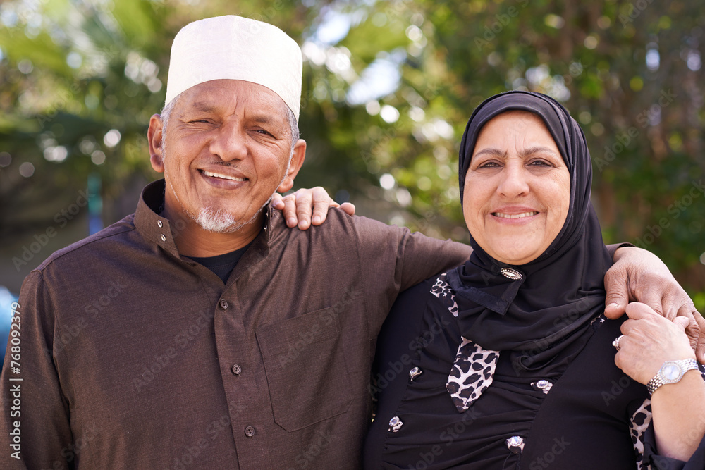 Wall mural senior couple, muslim and hug with portrait, garden and ramadan for culture, tradition and retiremen