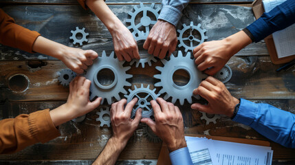 Top view of business team assembling gears on wooden table, symbolizing teamwork and collaboration - obrazy, fototapety, plakaty