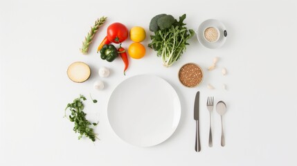 Overhead view of fresh vegetables and grains neatly arranged around a clean white plate with cutlery on a white surface, exemplifying ingredient preparation.
