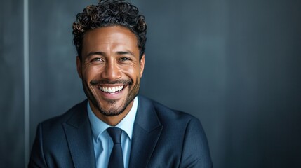 An exuberant corporate executive laughing in front of a professional gray backdrop - obrazy, fototapety, plakaty