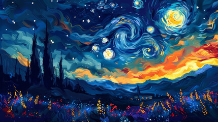Vibrant Van Gogh style illustration with swirling night sky and colorful landscape