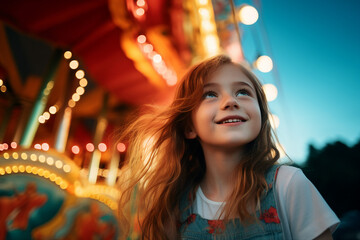 Generated AI image of happy young girl having fun on a carousel at an amusement park