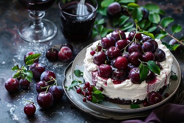 a cake with cherries on top and a glass of wine - obrazy, fototapety, plakaty