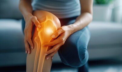 A person experiencing knee pain highlighted with a glow, indicating discomfort and the need for care