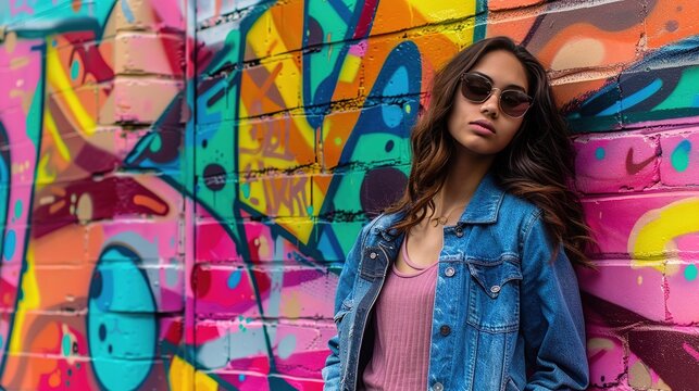 Effervescent energy meets urban chic as a vibrant young woman poses against a backdrop of colorful graffiti-filled walls